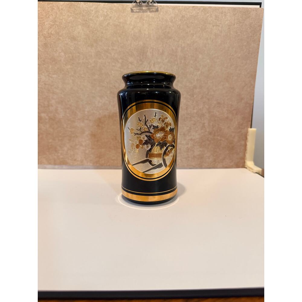 Vintage 11" Art Chokin Japanese Vase 24K Gold Gilded Imperial Flower Cart Black - Picture 4 of 12